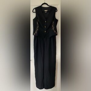 VTG Joseph Ribkoff Black‎ Jumpsuit with Vest and Gold Embroidered Details